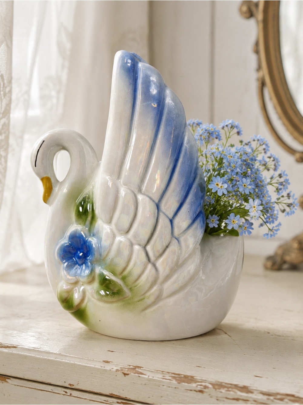 Vintage Ceramic Swan Planter Vase Blue Floral Pearl Glaze Cottage Decor